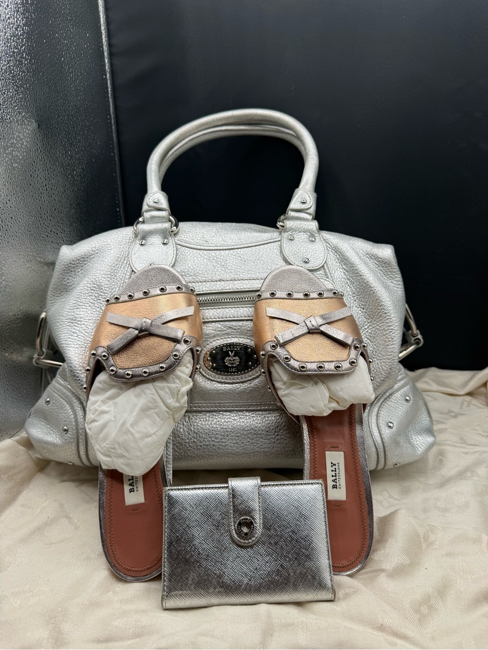 Bally bundle  Leather Satchel with Metallic Slip-On Sandals& wallet vintage